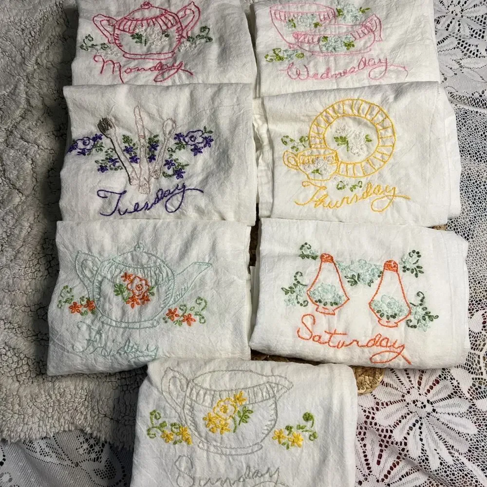 Vintage Lot of 7 Days of The Week Tea Cup Party Flour Sack Towels Dishes Teapot